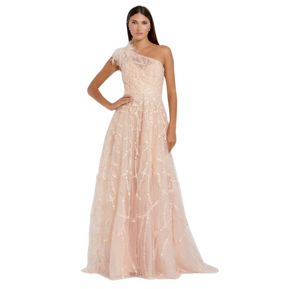 Mac Duggal 20389 Size 18 Peach Pink Embellished One Shoulder Feather Gown Dress - Picture 2 of 6
